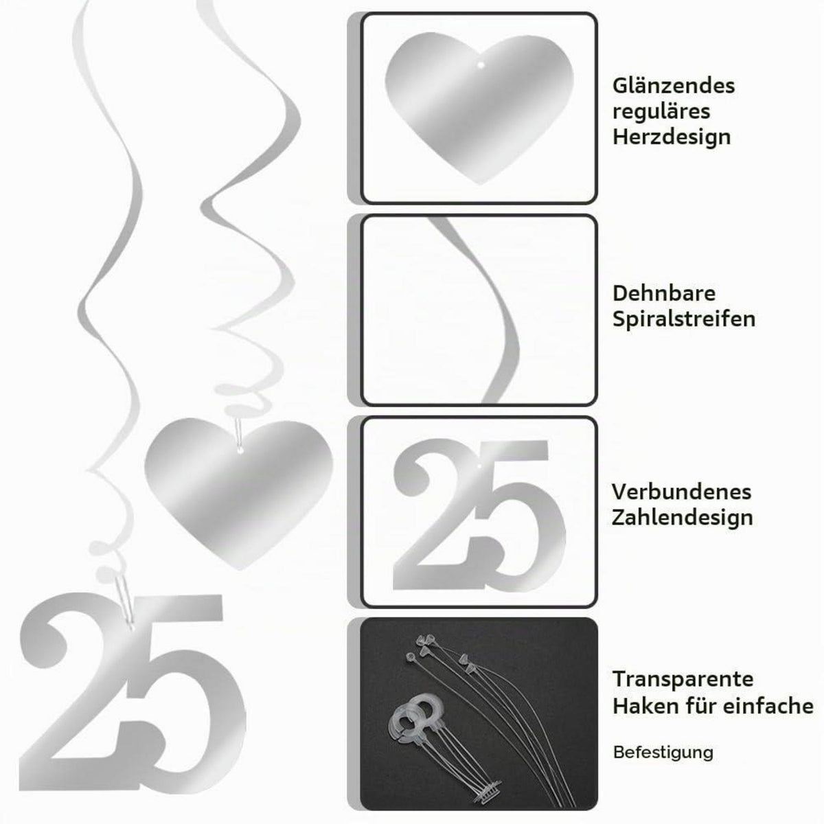 Silberhochzeit Deko Set | 18-teilige Girlande & Spiralen