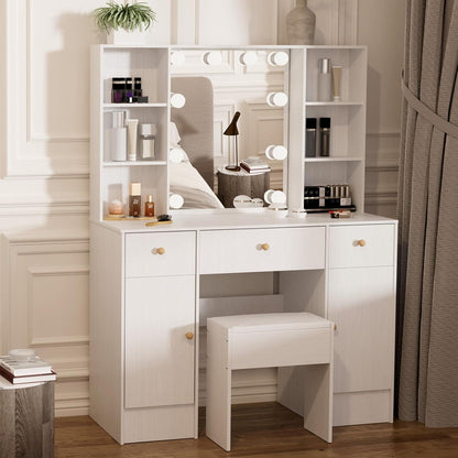 Schminktisch mit Beleuchtung, Spiegel, Hocker, 3 Schubladen