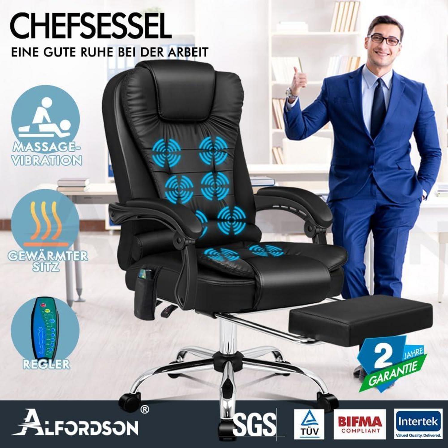 ALFORDSON Bürostuhl Schwarz Earl mit Massagefunktion und Lendenwirbelstütze