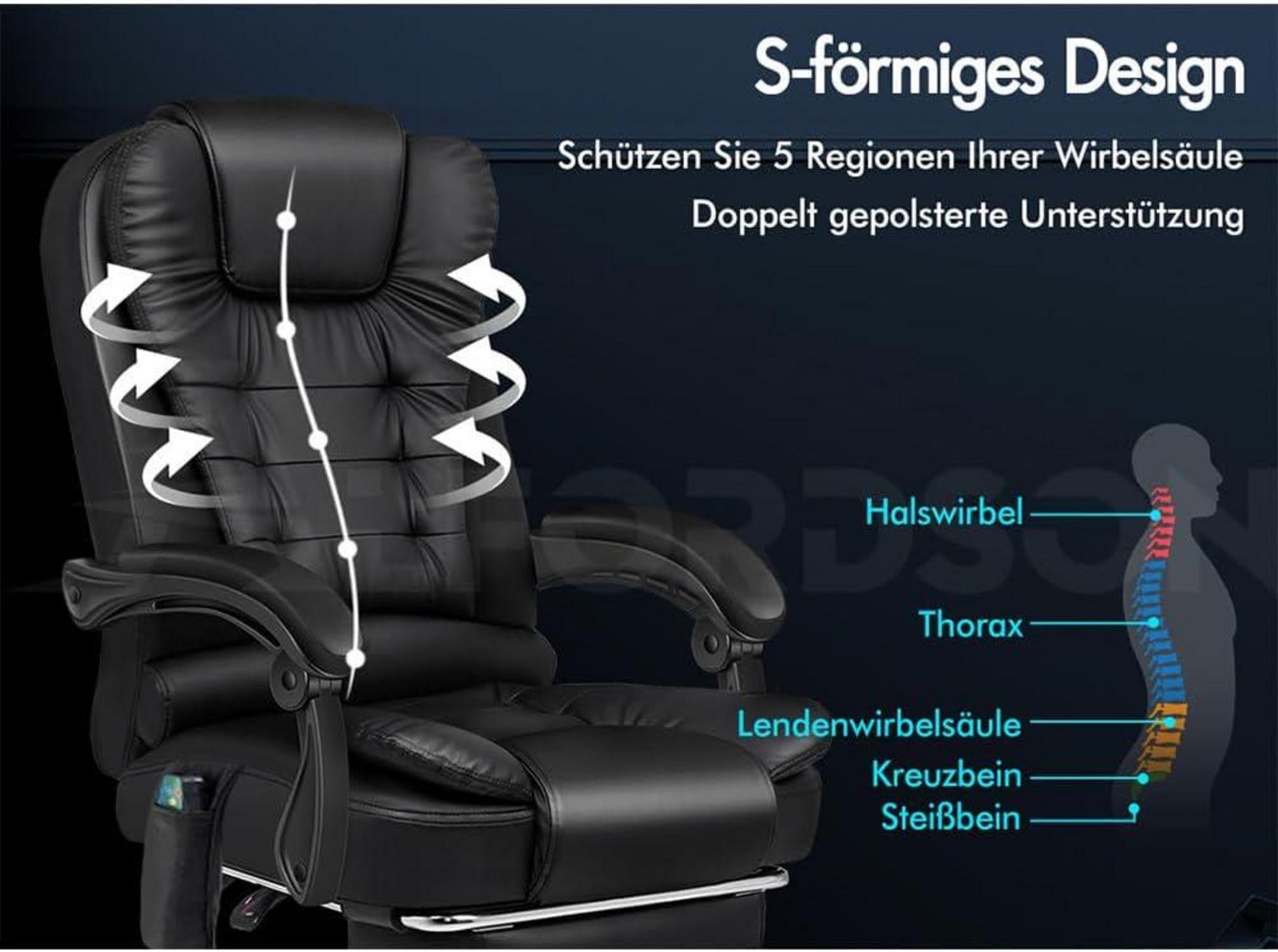 Bürostuhl mit Massagefunktion und ergonomischem Design, Schwarz