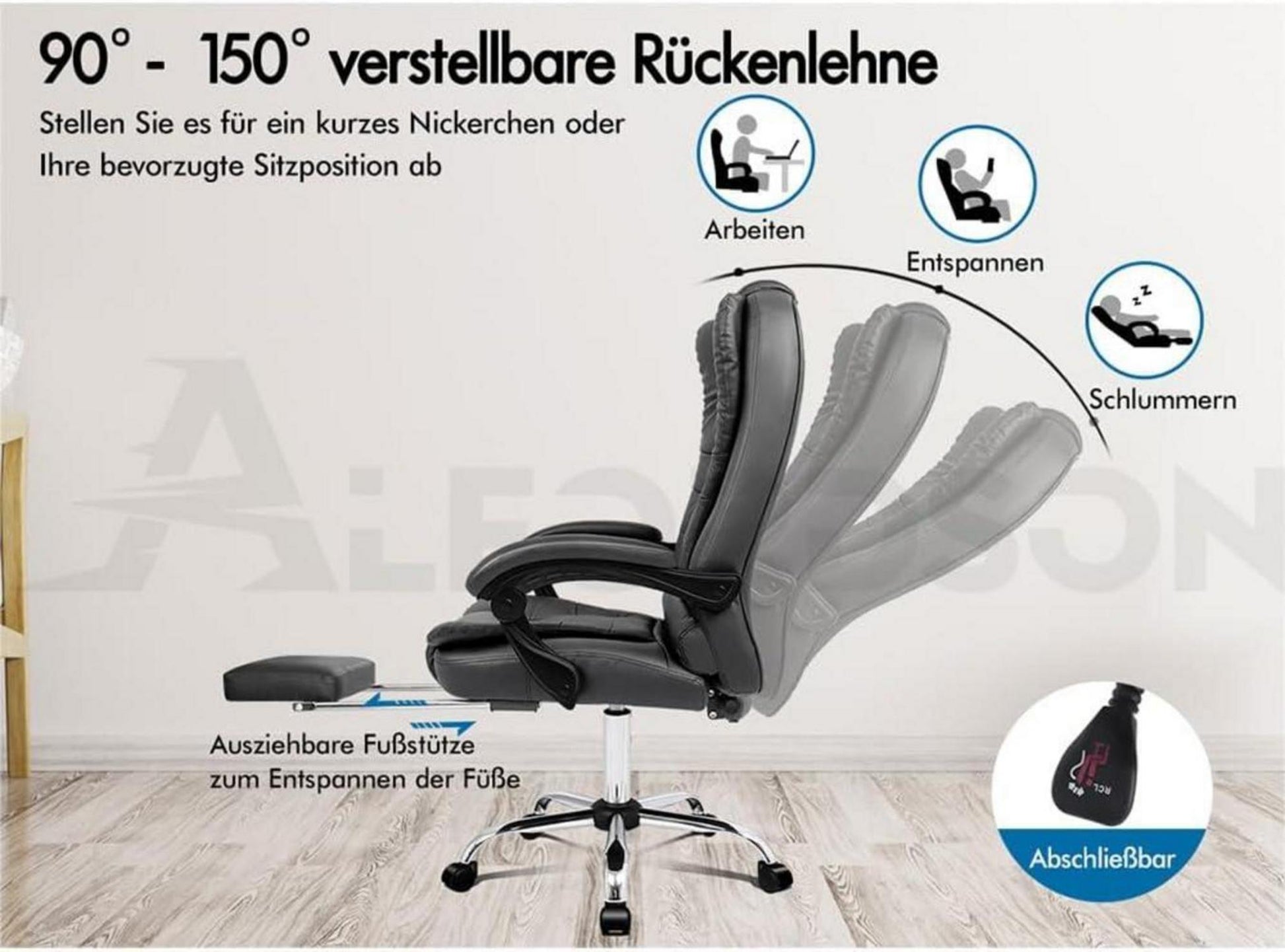 ALFORDSON Bürostuhl mit Massagefunktion, ergonomisches Design, Lendenwirbelstütze, Rollen, Grey Earl Serie