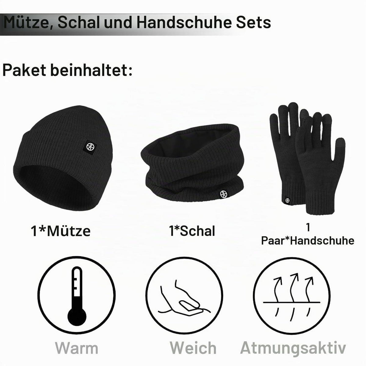 3-teiliges Winterset: Mütze, Schal & Touchscreen-Handschuhe