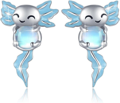 Axolotl Ohrringe 925 Sterling Silber Mondstein Tier Schmuck