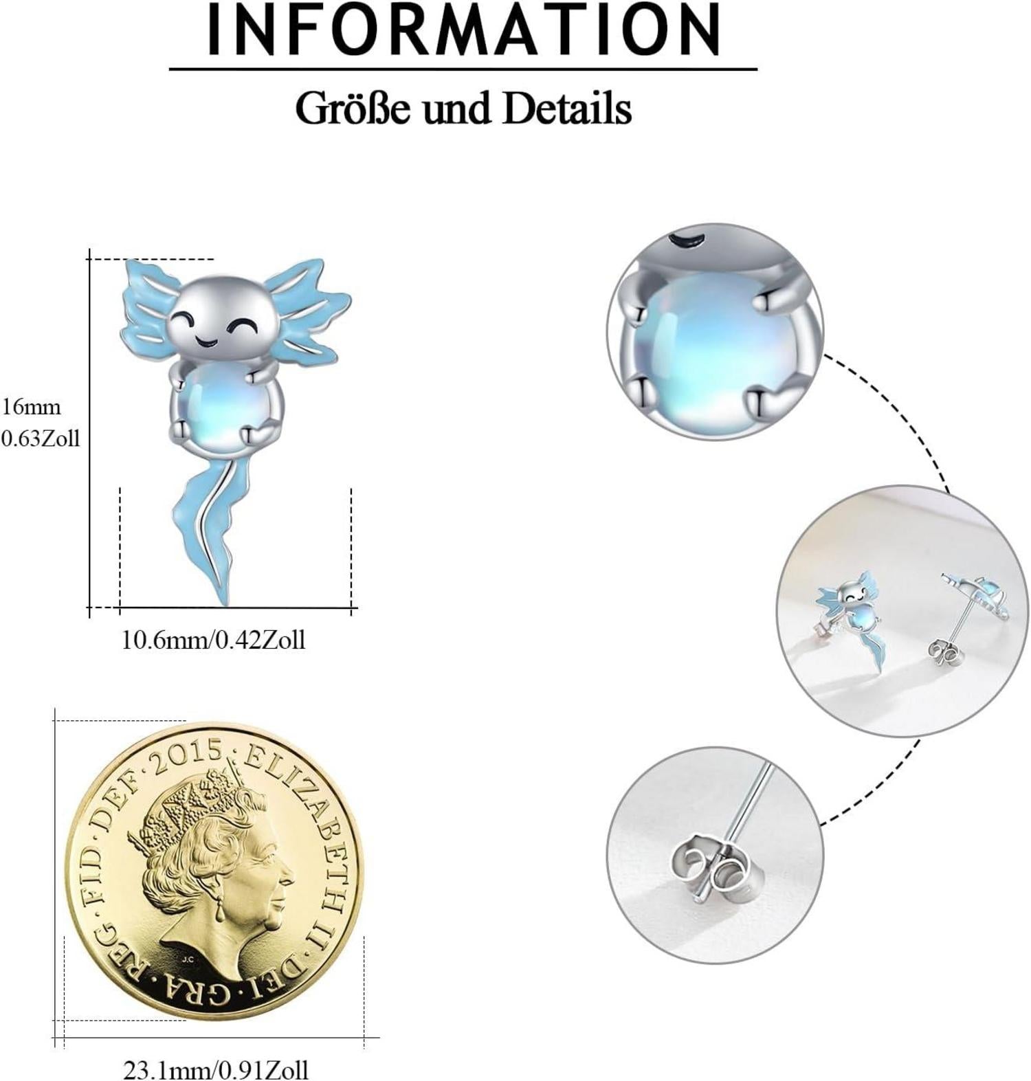 Axolotl Ohrringe 925 Sterling Silber Mondstein Tier Schmuck