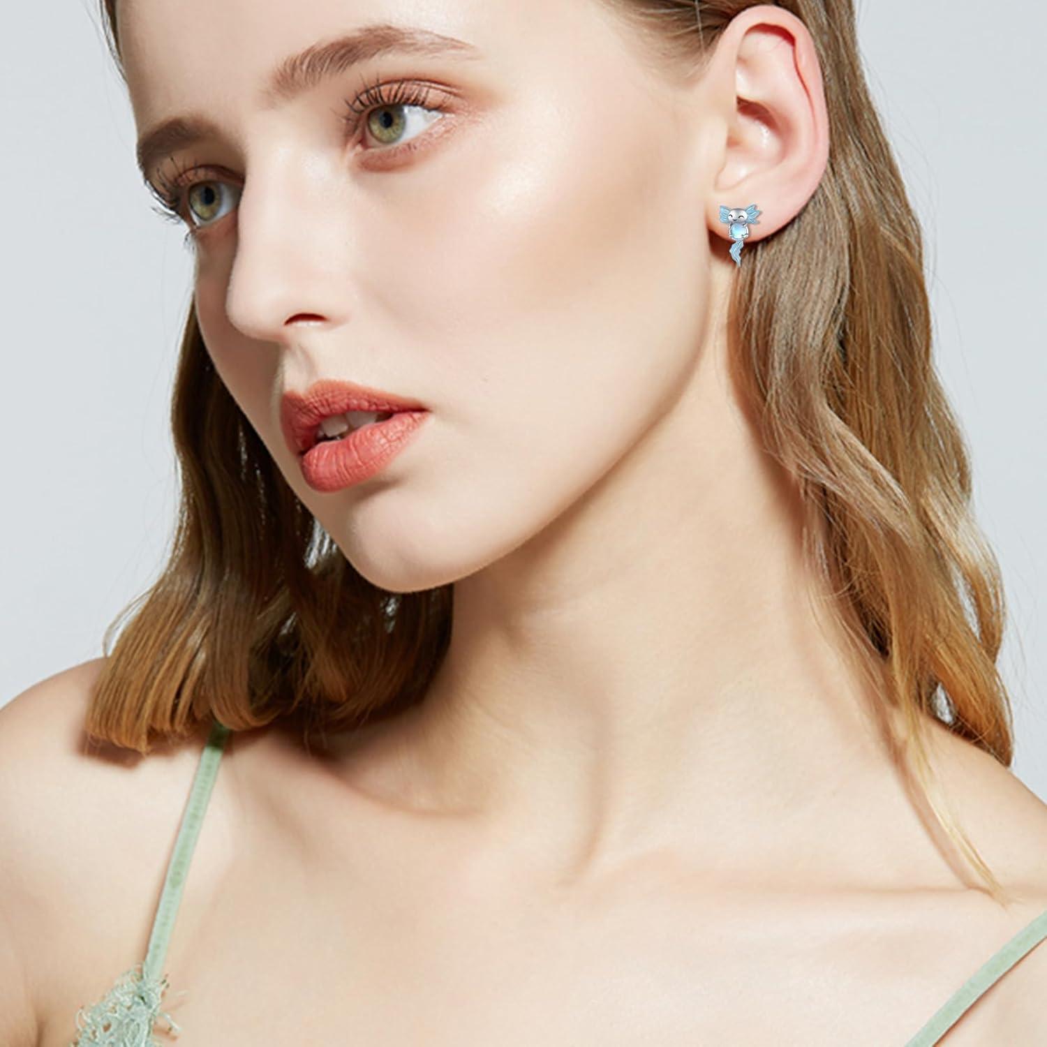 Axolotl Ohrstecker 925 Sterling Silber Mondstein Tier Ohrringe Geschenk