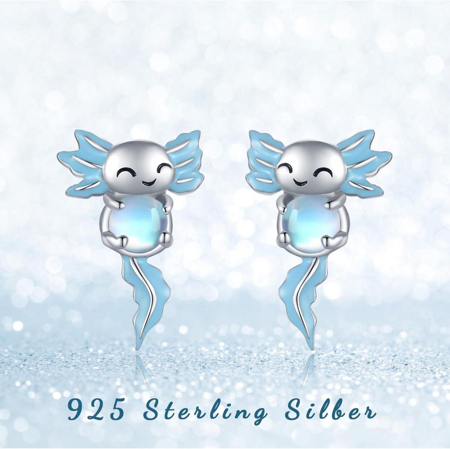 Axolotl Ohrstecker 925 Silber Blaues Mondstein Hypoallergen - Tier