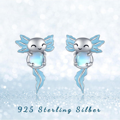Axolotl Ohrstecker 925 Silber Blaues Mondstein Hypoallergen - Tier