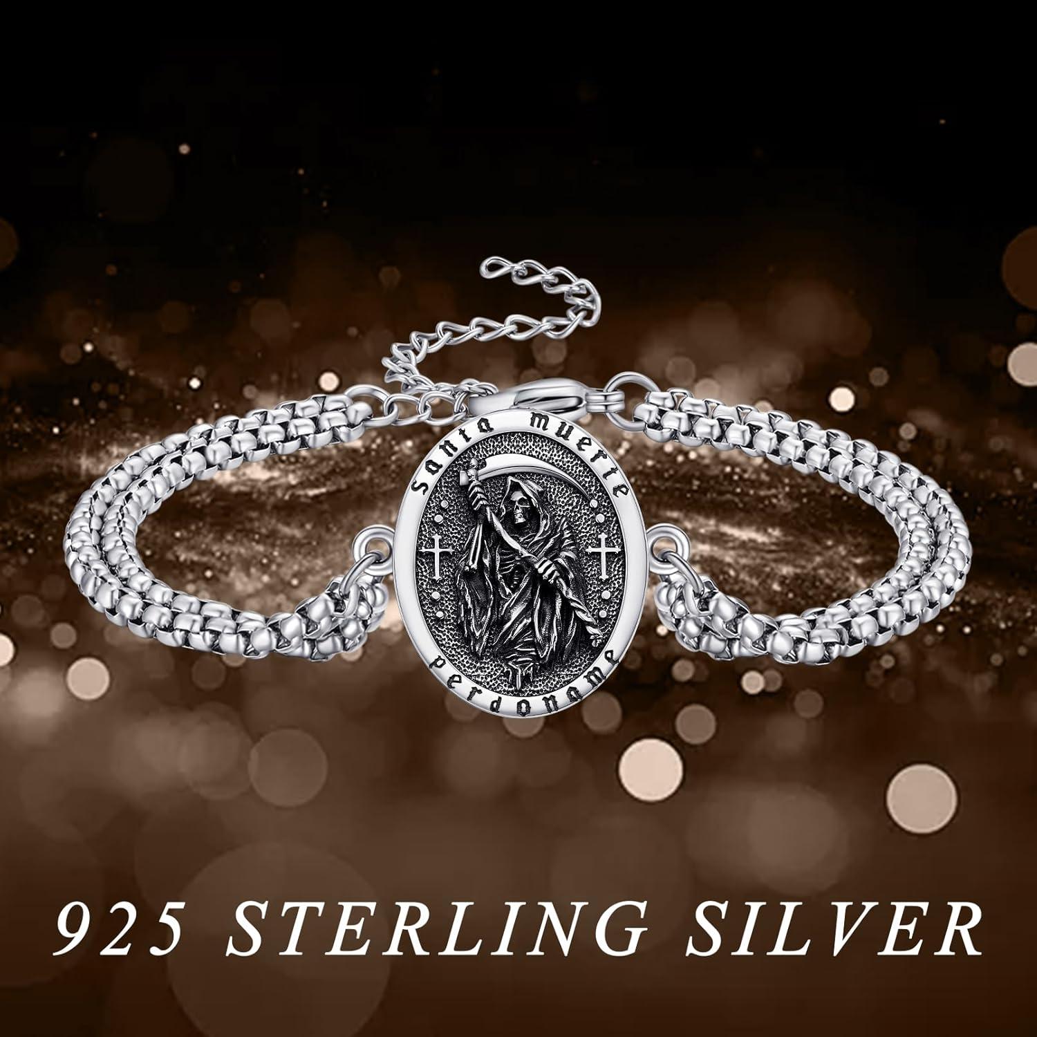 925 Sterling Silber Santa Muerte Totenkopf Armband Verstellbar