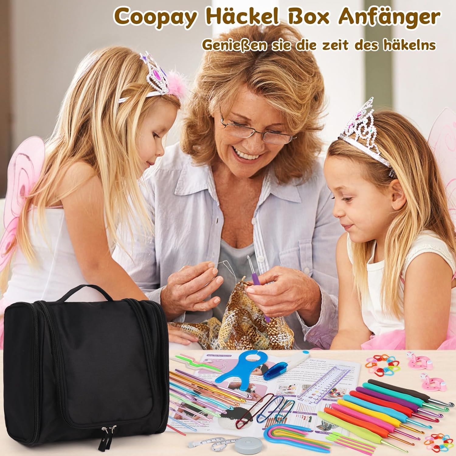 Coopay Häkelset für Anfänger, 15 Farben Wolle, Ergonomische Nadeln, Anleitung