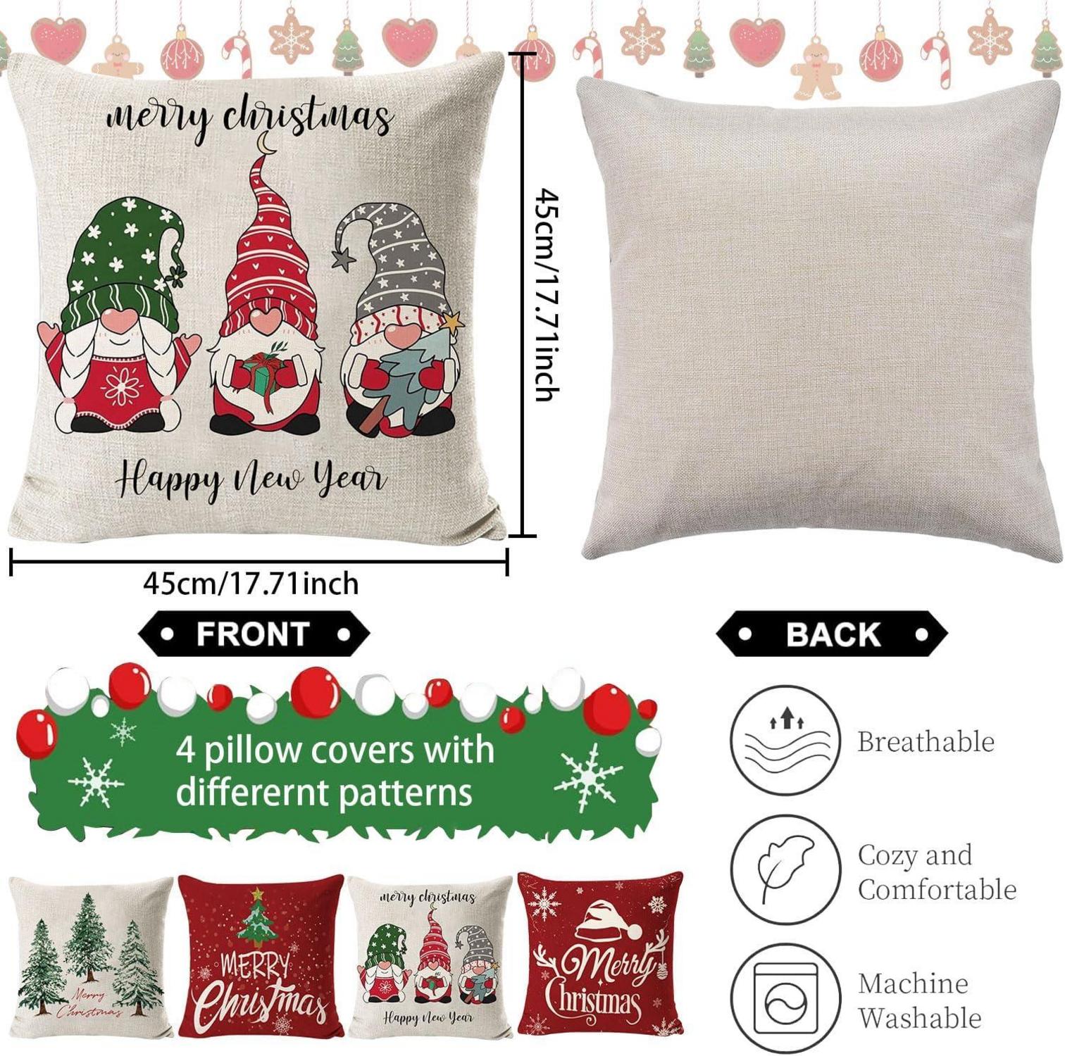 Kissenbezug Weihnachten 45x45, 4 Stück Leinen Geometrisches