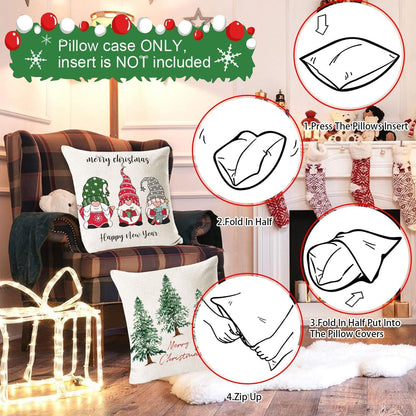 Kissenbezug Weihnachten 45x45, 4er Pack - Leinen Kissenhülle Geometrisches Muster