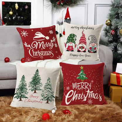 Weihnachtskissenbezug 45x45, 4er Set Leinen Kissenhülle