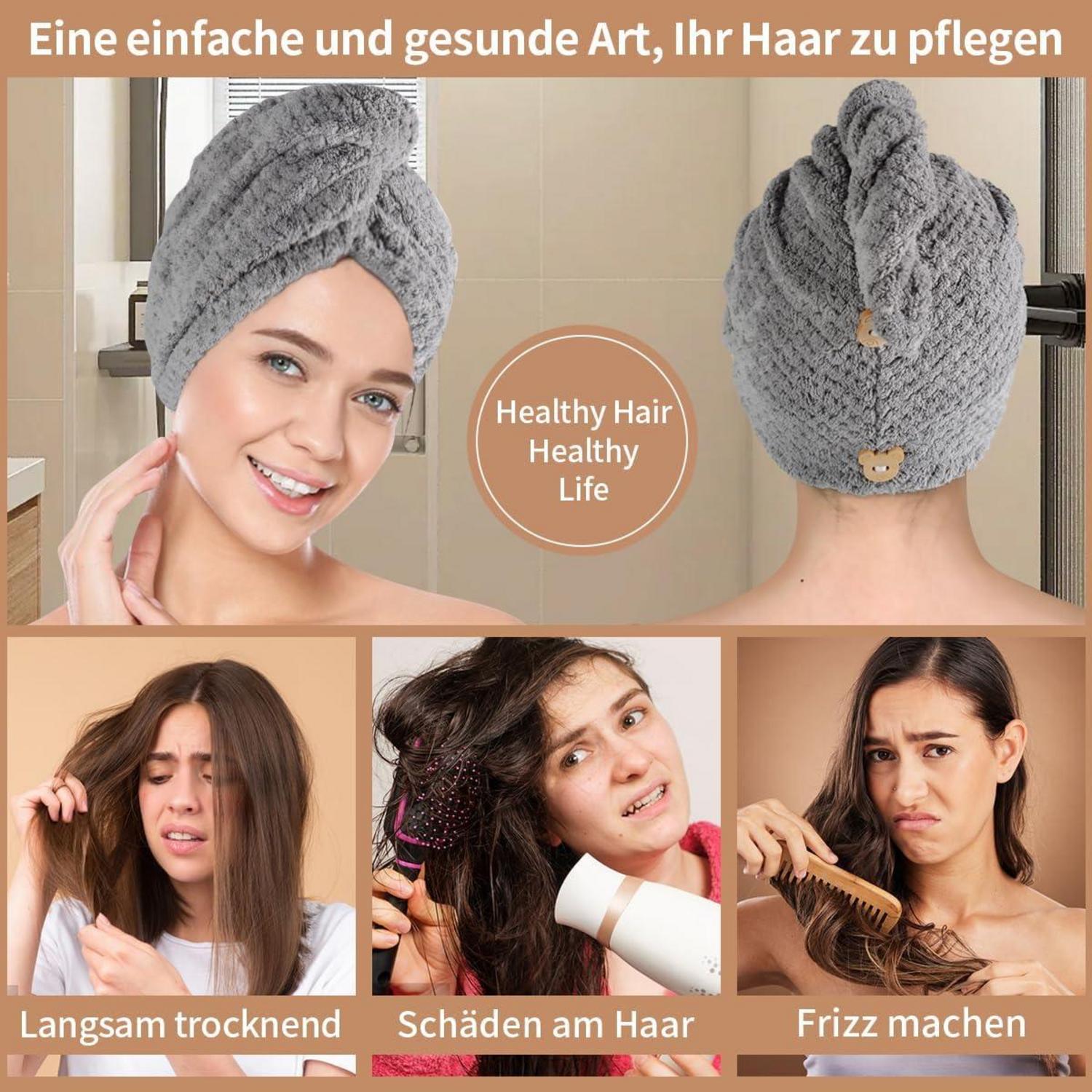 Haarturban Handtuch mit Knopf 2er Set, Super Saugfähig & Schnell Trocknend