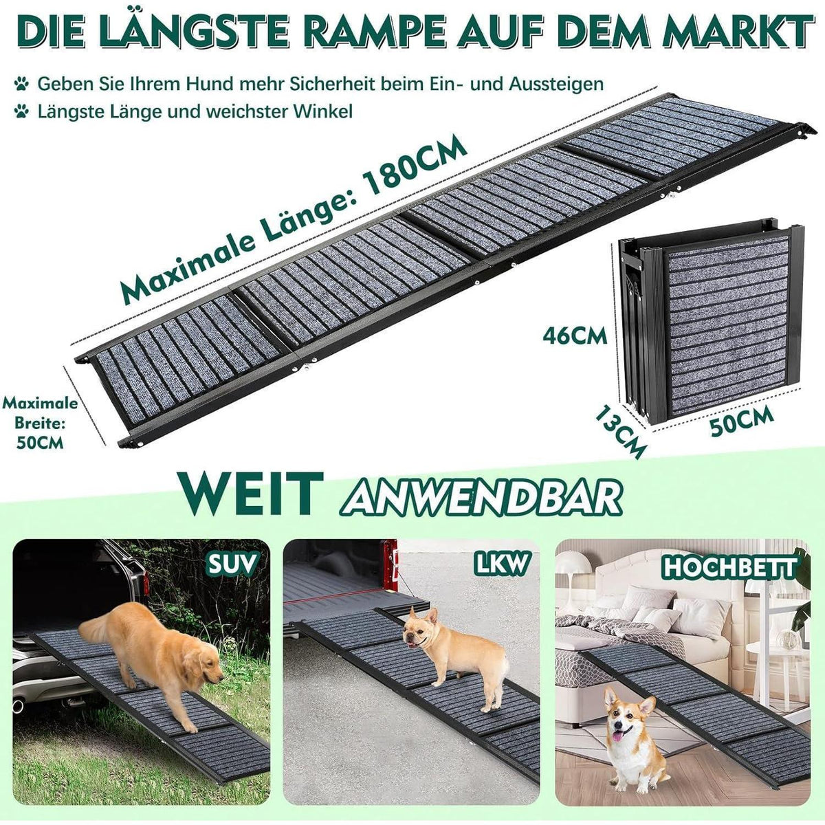 Faltbare Hunderampe 180cm – Auto, SUV, LKW & Treppe