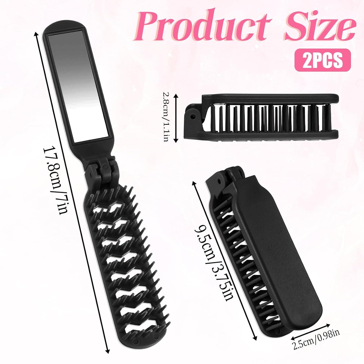 2er Pack Mini Schwarze Klappbare Reise Haarbürsten Massage Funktion Spiegel Damen Herren