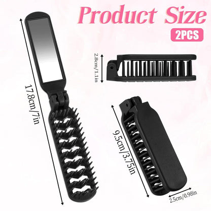 2er Pack Mini Schwarze Klappbare Reise Haarbürsten Massage Funktion Spiegel Damen Herren