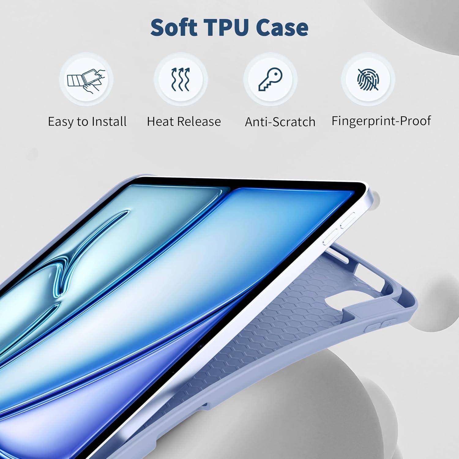 EasyAcc iPad Air M2 11 Zoll Hülle, Stifthalter, Trifold Ständer, TPU Rückseite, Nebelblau
