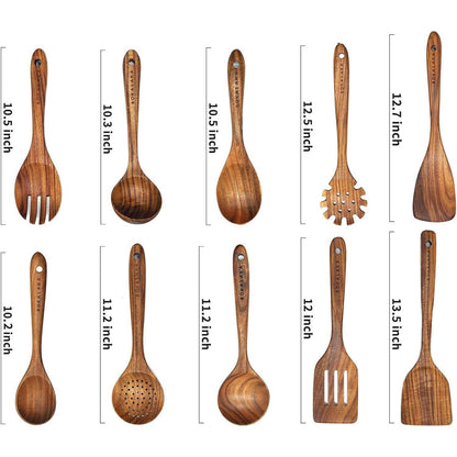 10-teiliges Holzlöffel-Set aus Teakholz – Küchenutensilien