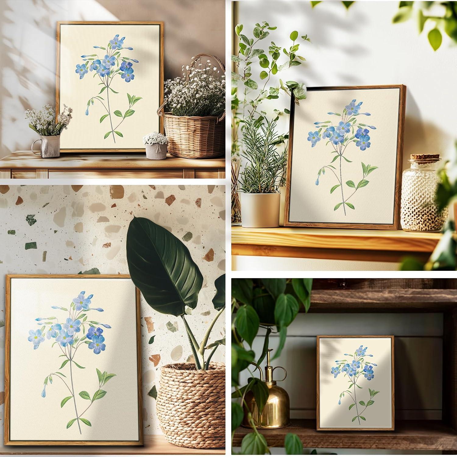 Vintage Botanische Leinwandbilder mit Holzrahmen 30x40 cm Blaue