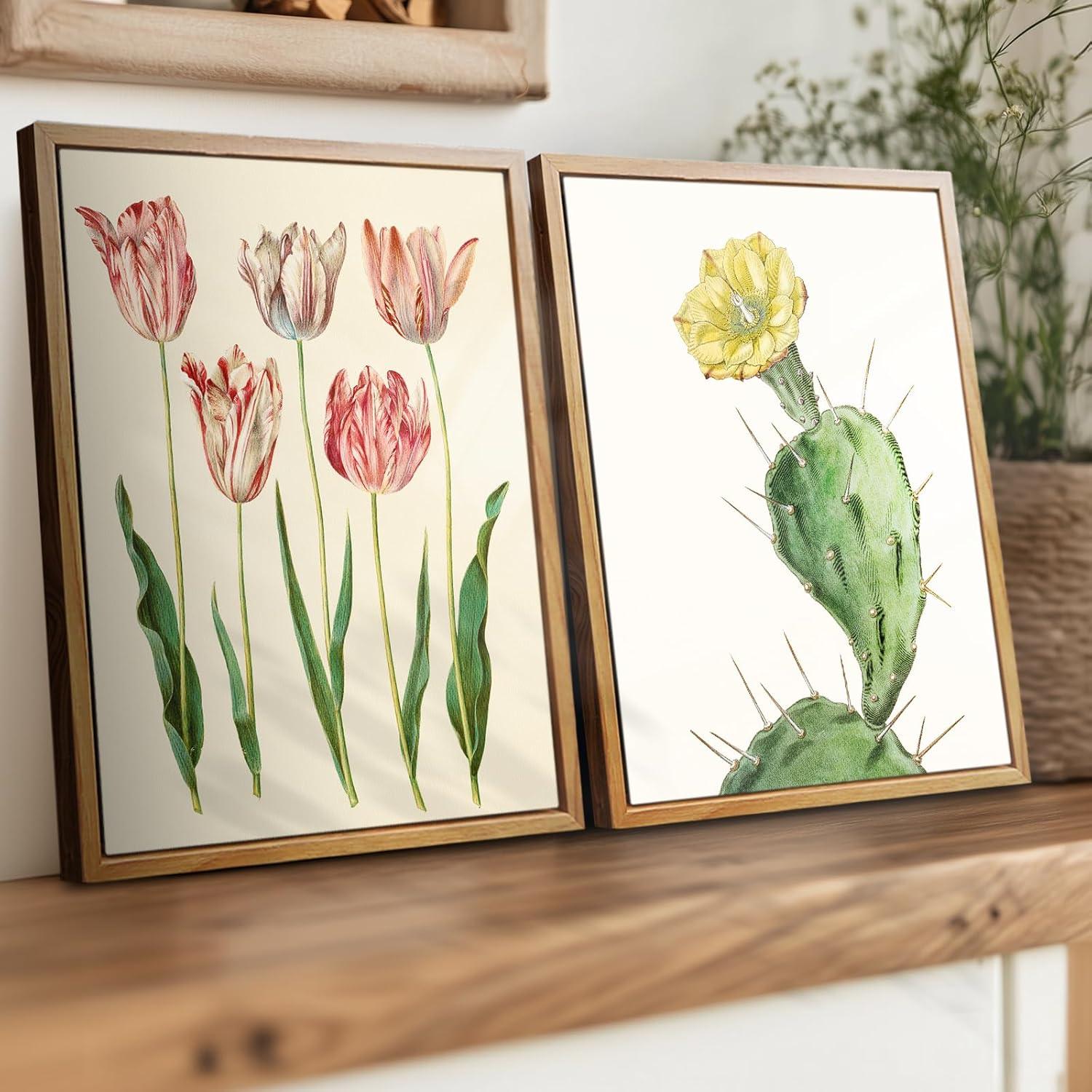 Vintage Botanische Leinwandbilder mit Rahmen Holz 30x40 cm Opuntia