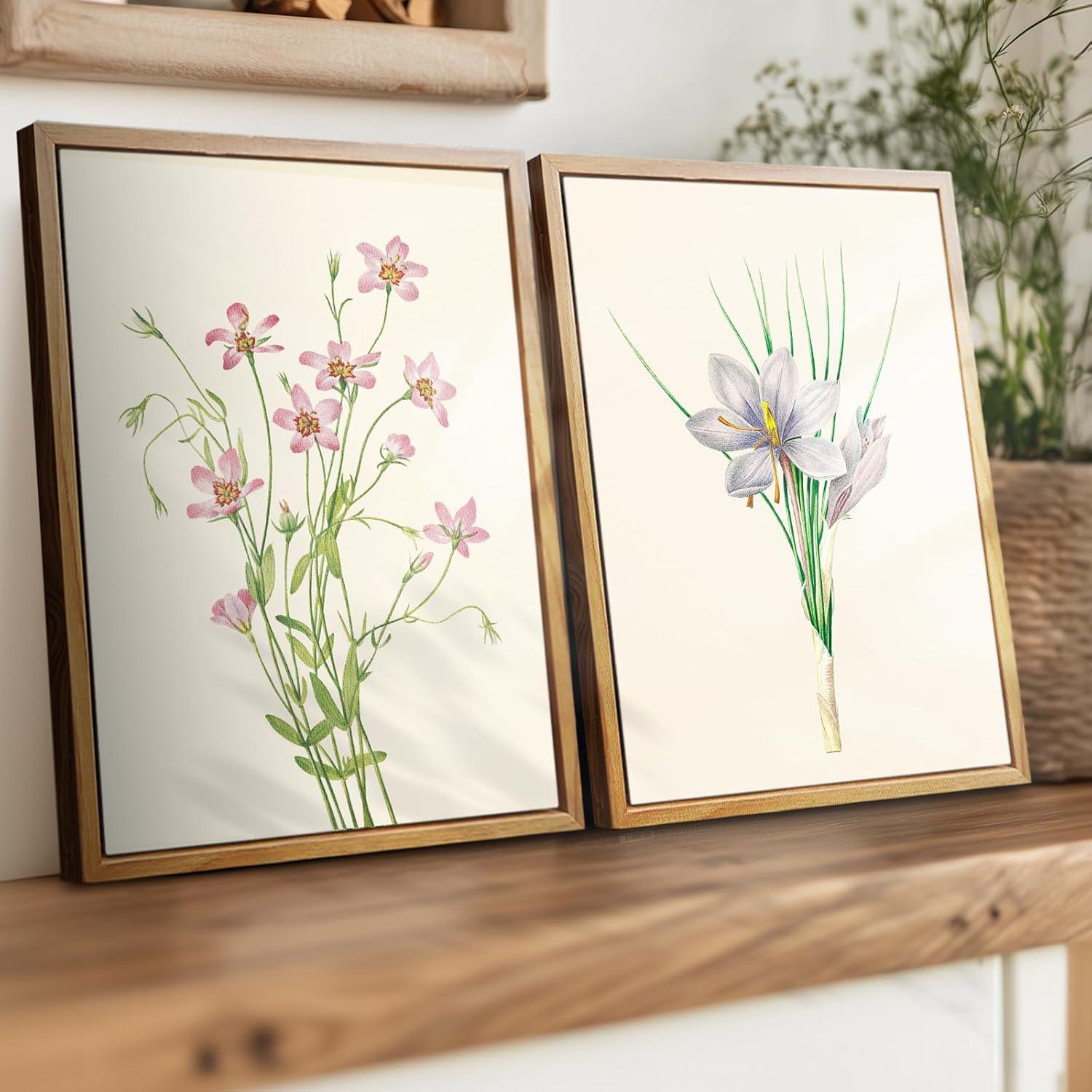 Vintage Botanische Leinwand Bilder mit Rahmen Holz 30x40 cm Wohnzimmer