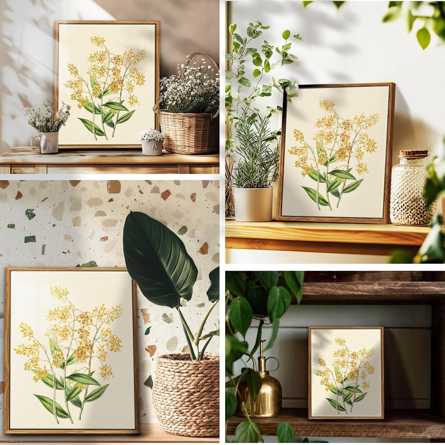 Vintage Botanisches Leinwandbild mit Holzrahmen 30x40cm Gelbe Orchidee
