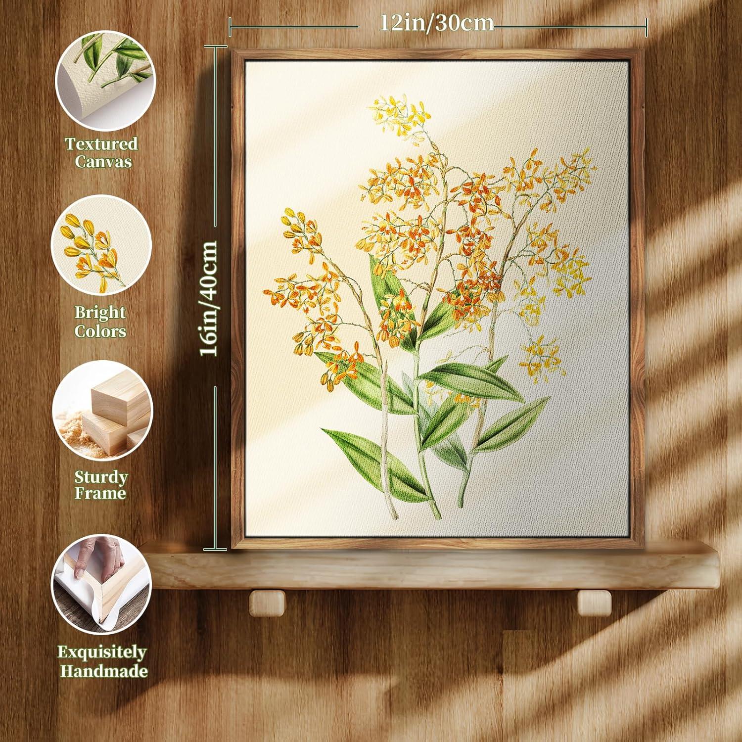 Vintage Botanische Leinwandbilder mit Holzrahmen - Gelbe Orchidee Bild 30x40cm