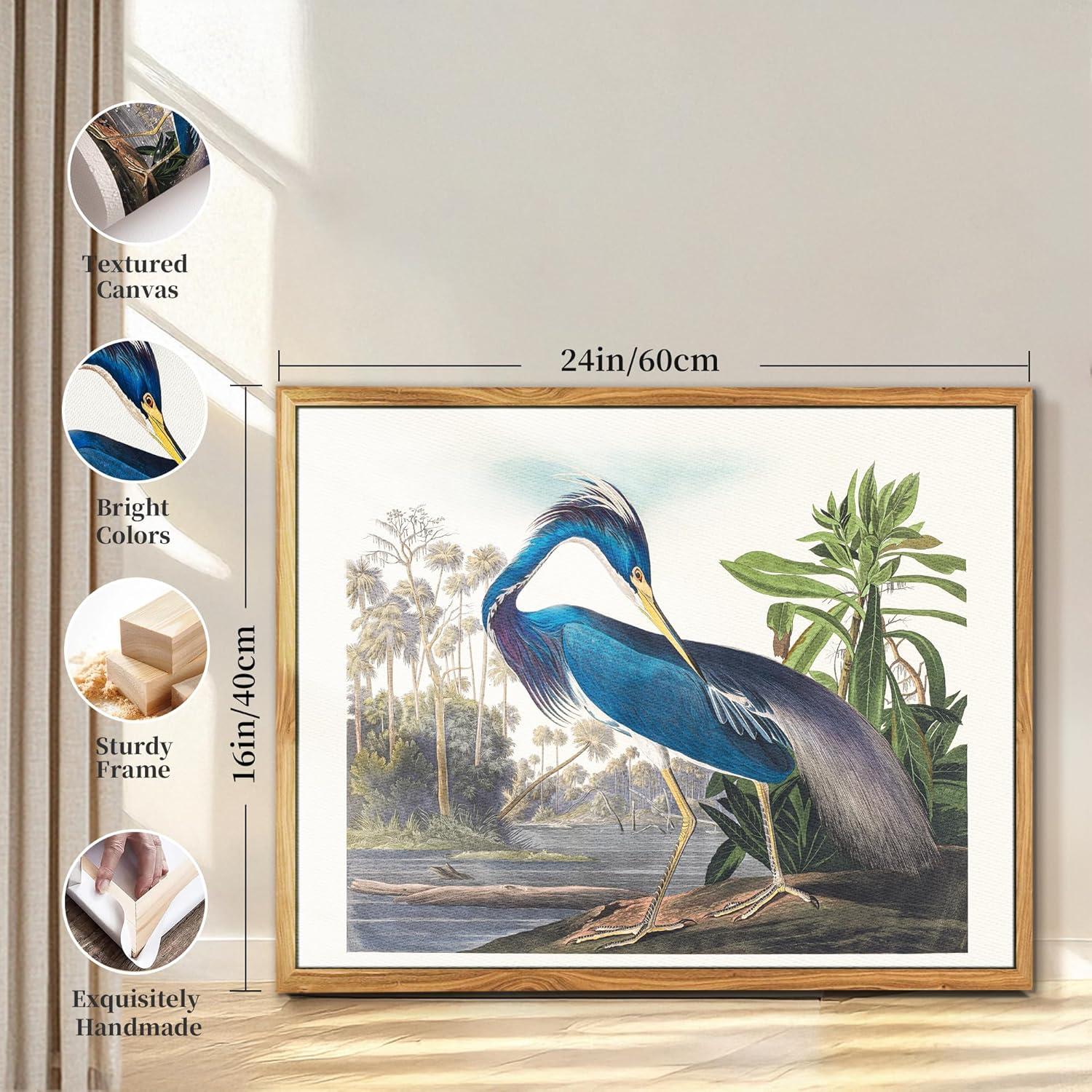 Vintage Vogel Leinwandbild mit Rahmen Holz 40x60cm Wohnzimmer Blau Aesthetic Wanddeko