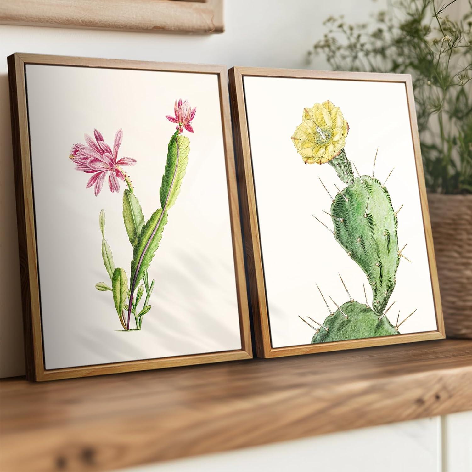 Vintage Botanisch Leinwand Bilder Holzrahmen 20x25cm Opuntia Flowering