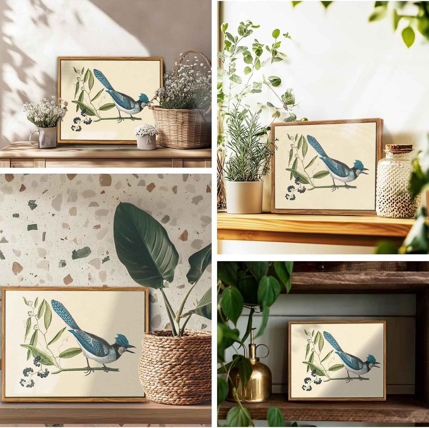 Vintage Vogel Leinwandbilder mit Rahmen 30x40cm Blauschopfhäher