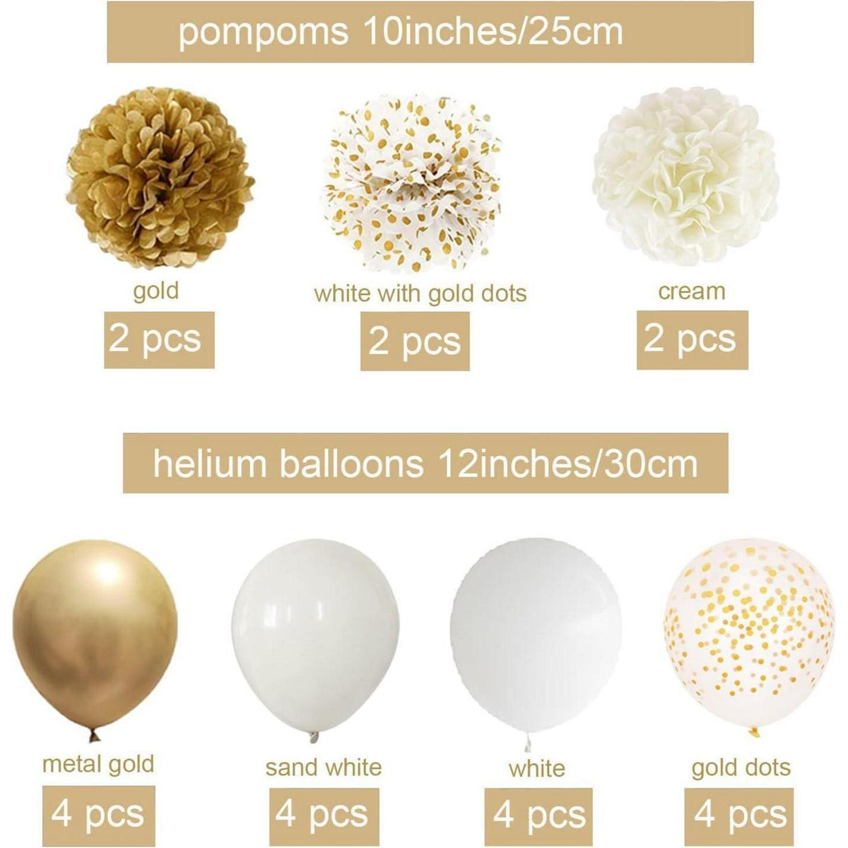 Geburtstagsdeko Set Weiß Gold – Girlande, Ballons, Pompoms