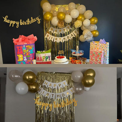 Geburtstagsdeko Set Weiß Gold – Girlande, Ballons, Pompoms