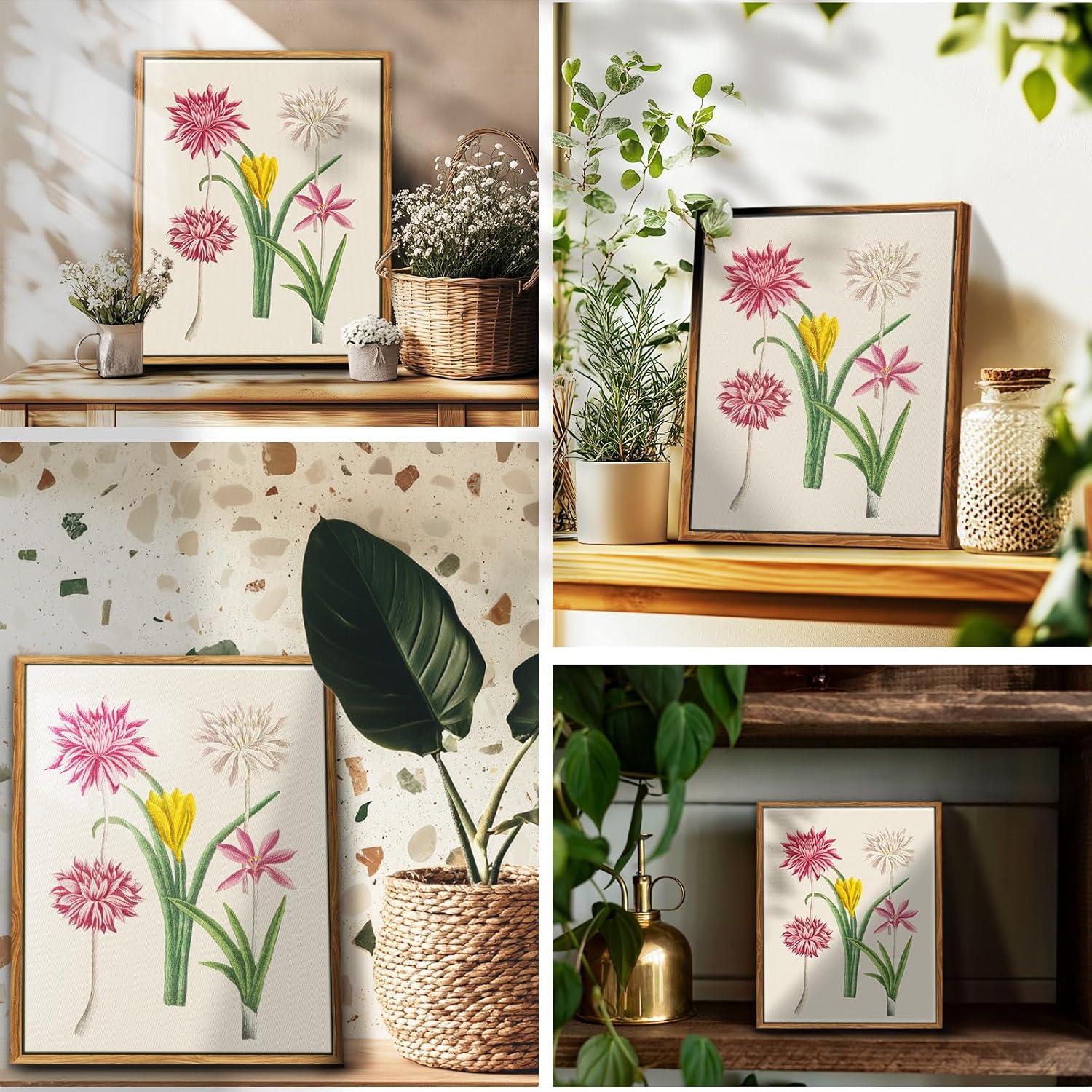 Vintage Botanische Leinwandbilder mit Holzrahmen 20x25 cm - Rosa