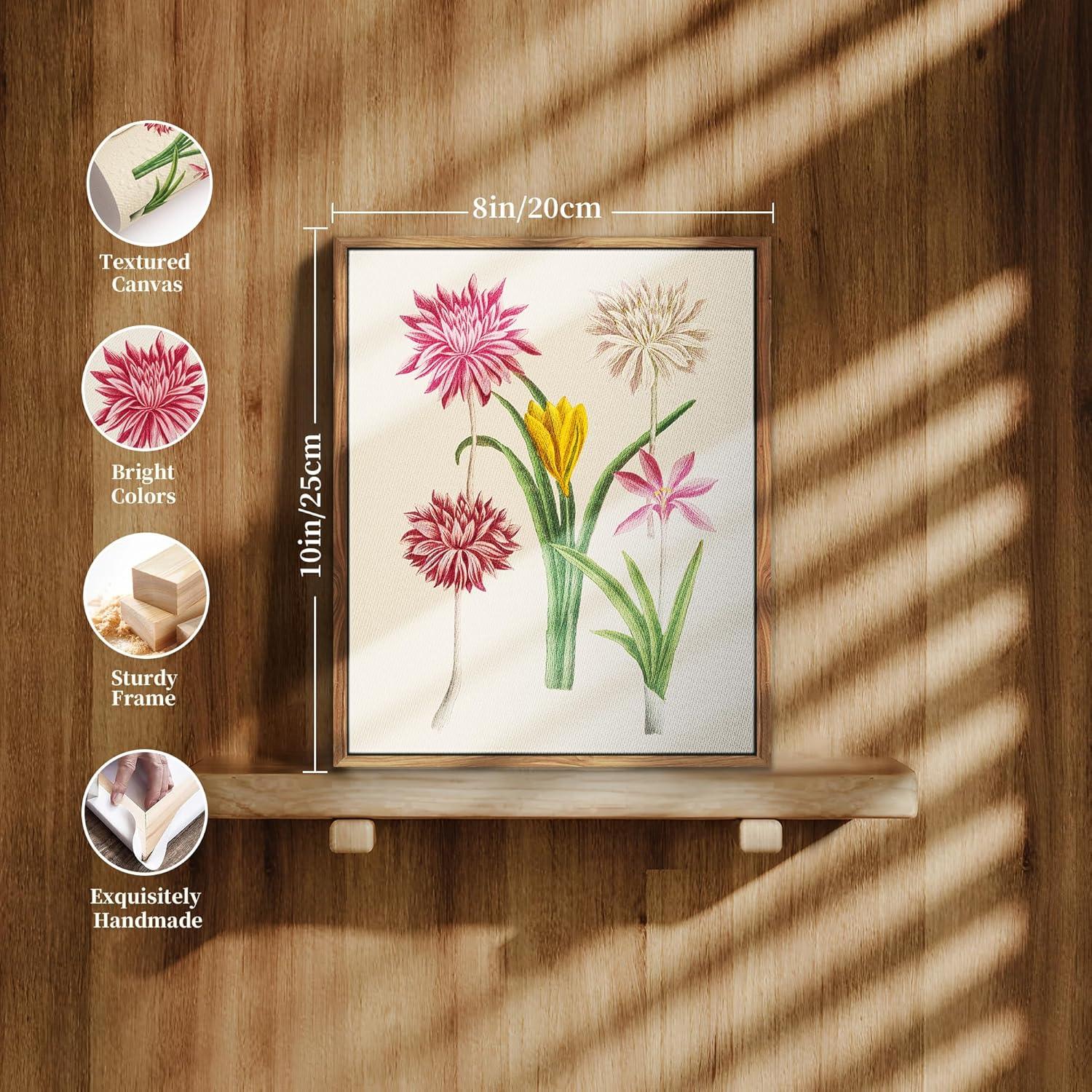 Vintage Botanische Leinwand Bilder mit Holzrahmen 20x25 cm Rosa Blumen Aesthetic