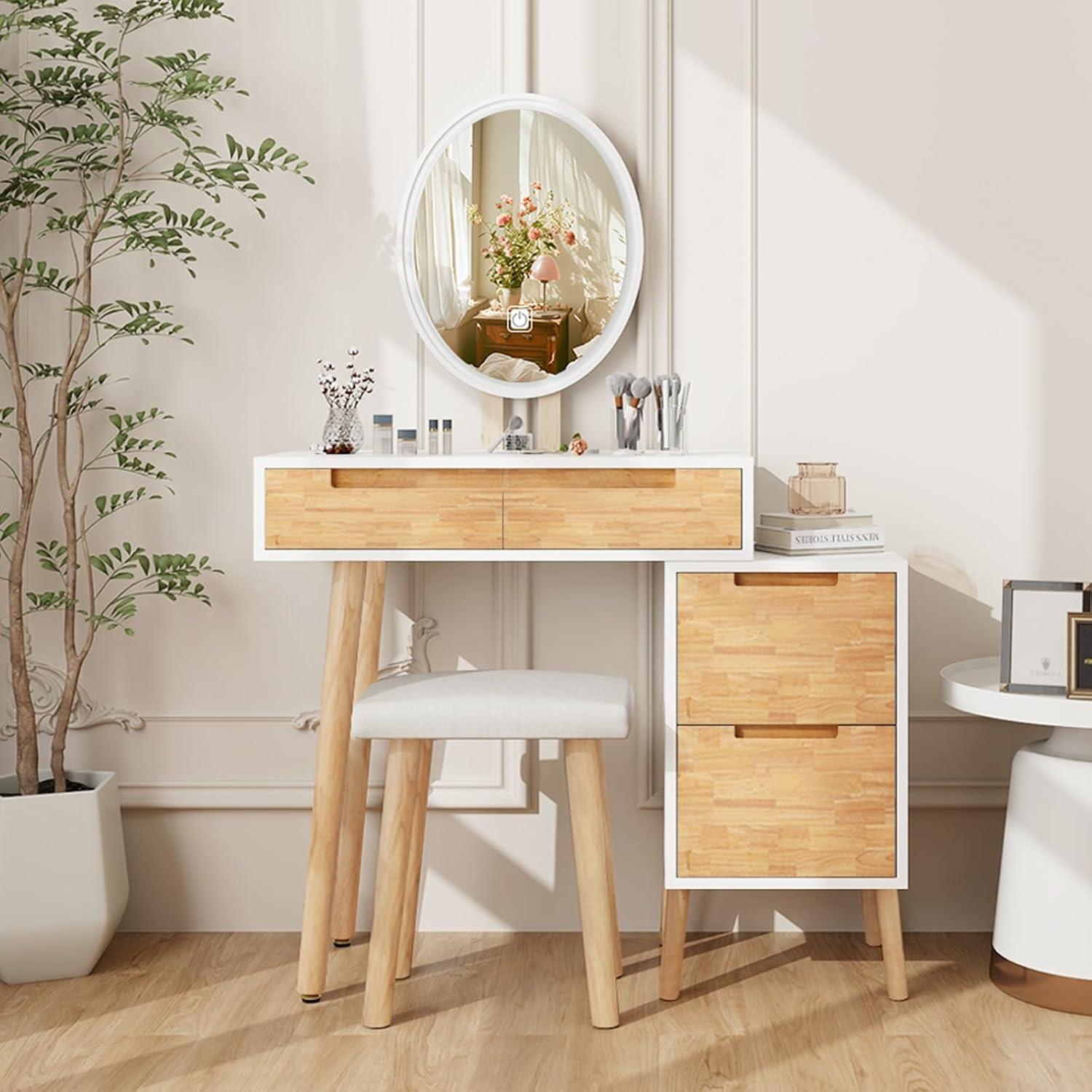 Schminktisch mit LED-Beleuchtung, 4 Schubladen und Hocker