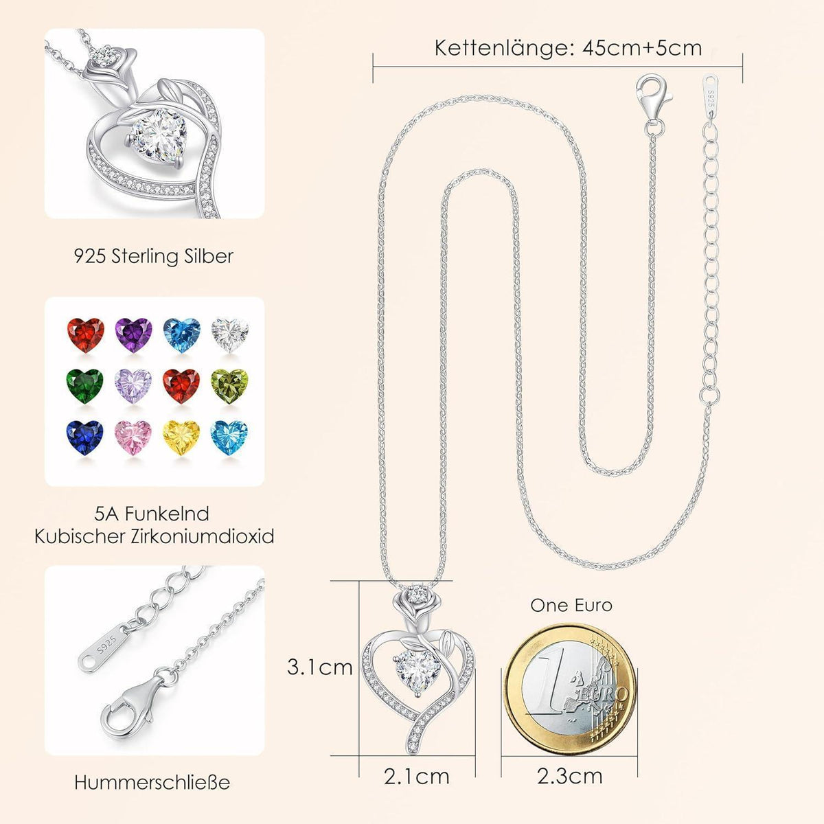 Herz Halskette Damen Rosegold mit Geburtsstein Sterling Silber 925