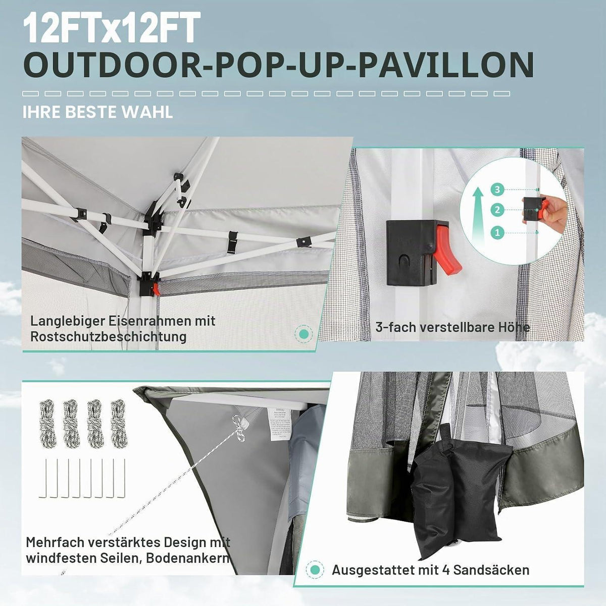 3x3m Pavillon wasserdicht mit Moskitonetz & Sandsäcken