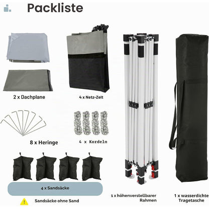 3x3m Pavillon wasserdicht mit Moskitonetz & Sandsäcken