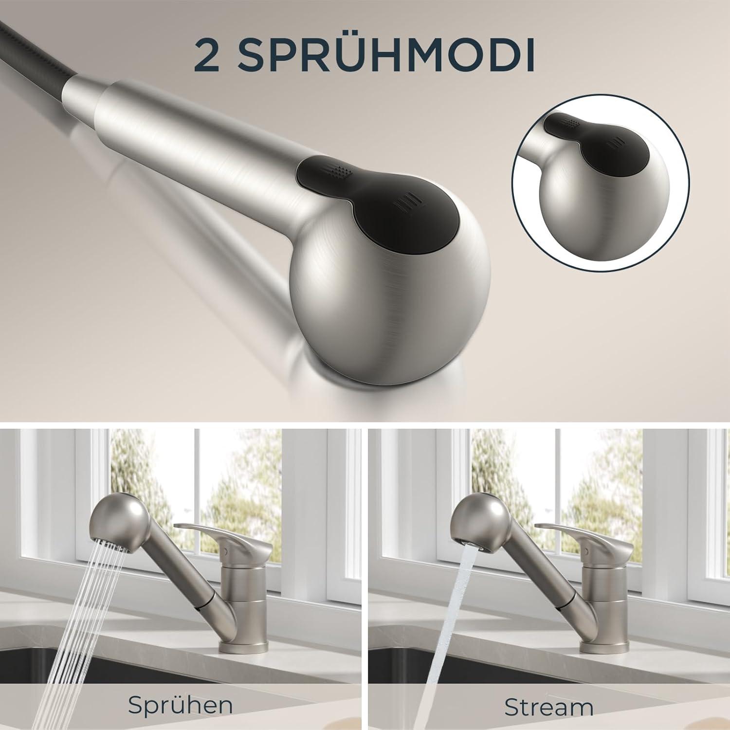 Moderne Edelstahl Küchenarmatur mit Brause 360° 1-Loch