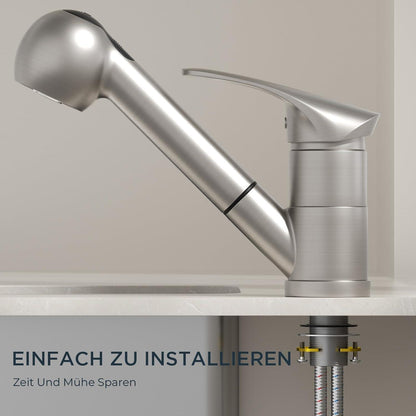 Moderne Edelstahl Küchenarmatur mit Brause, 360° drehbar