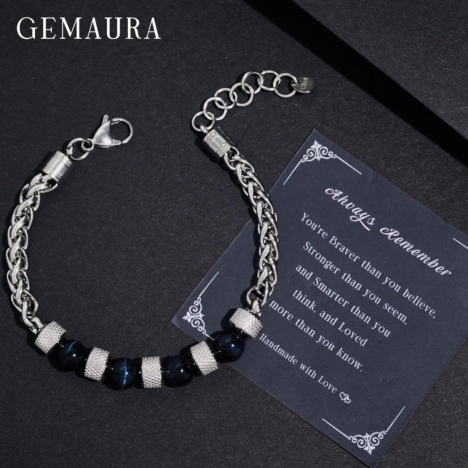 GEMAURA Herren Armband Edelstahl 8mm Tigerauge Naturstein Perlenarmband Silber Verstellbar