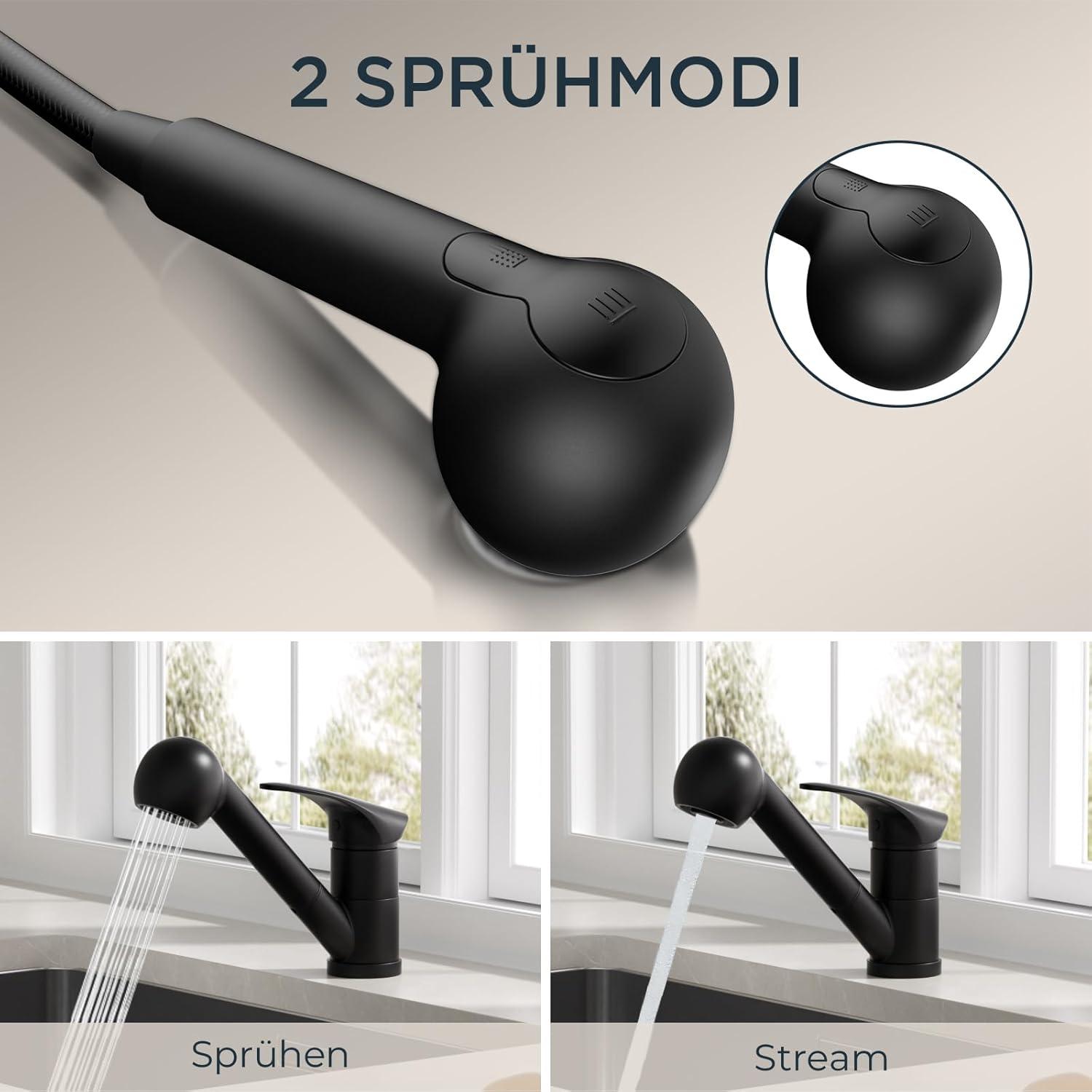 Moderne Schwarz Edelstahl Küchenarmatur mit Brause - 360° Drehbar