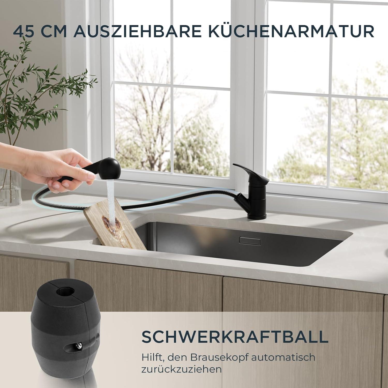 FORIOUS Schwarz Edelstahl Küchenarmatur mit Brause 360° drehbar