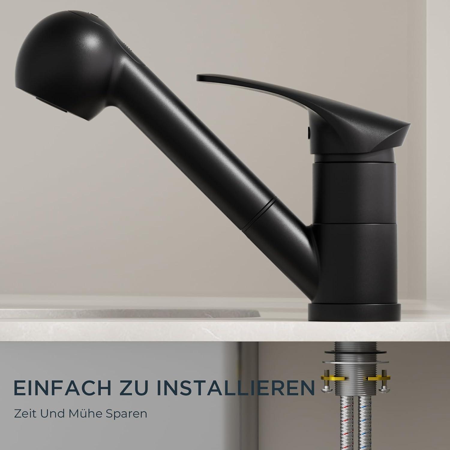 Schwarzer Edelstahl Wasserhahn Küche mit Brause 360° - Einhebelmischer