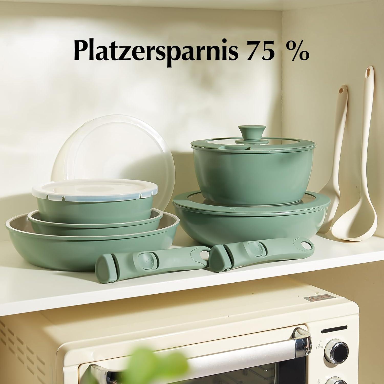 16-teiliges Antihaft-Keramik-Kochgeschirr-Set, abnehmbare Griffe, Ofenfest Green