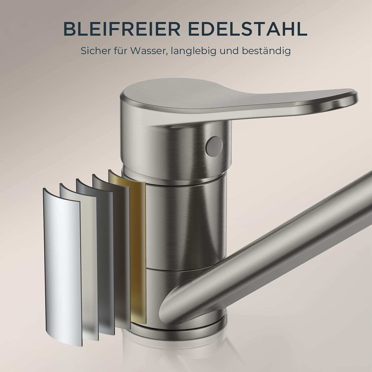 FORIOUS Edelstahl Küchenarmatur Hoher Bogen 360° Drehbar 1-Loch