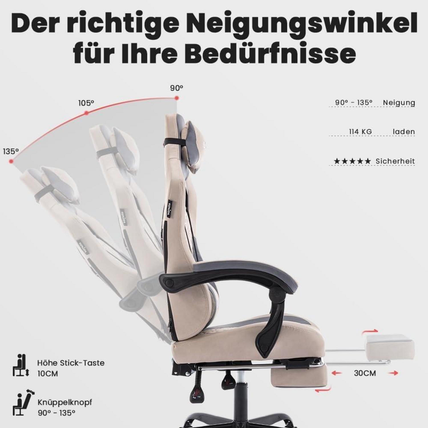 Ergonomischer Gaming-Stuhl mit Lendenwirbelstütze und Fußstütze Beige