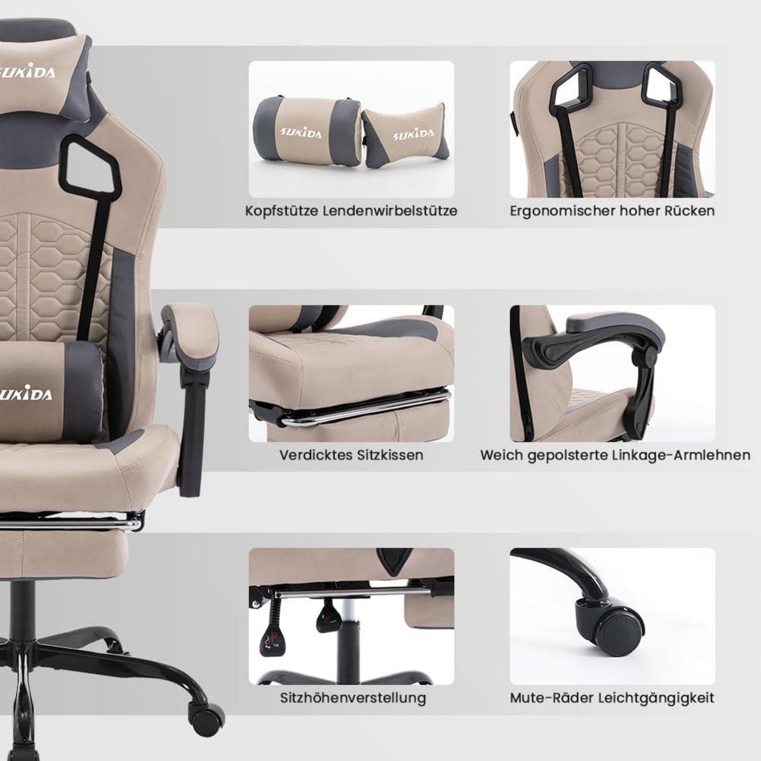 SUKIDA Gaming Stuhl Ergonomisch Racing Chair Beige mit Fußstütze und Kopfstütze