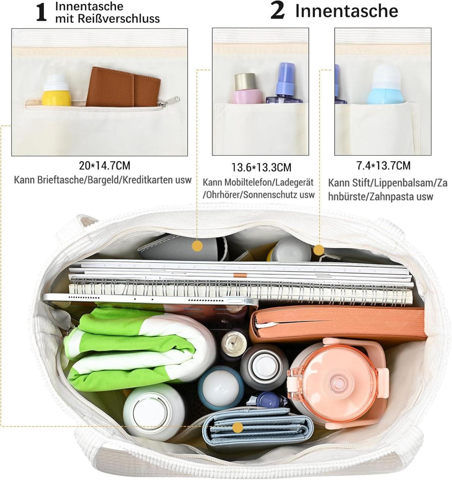 Große Cord Damenhandtasche mit Reißverschluss und viel Stauraum