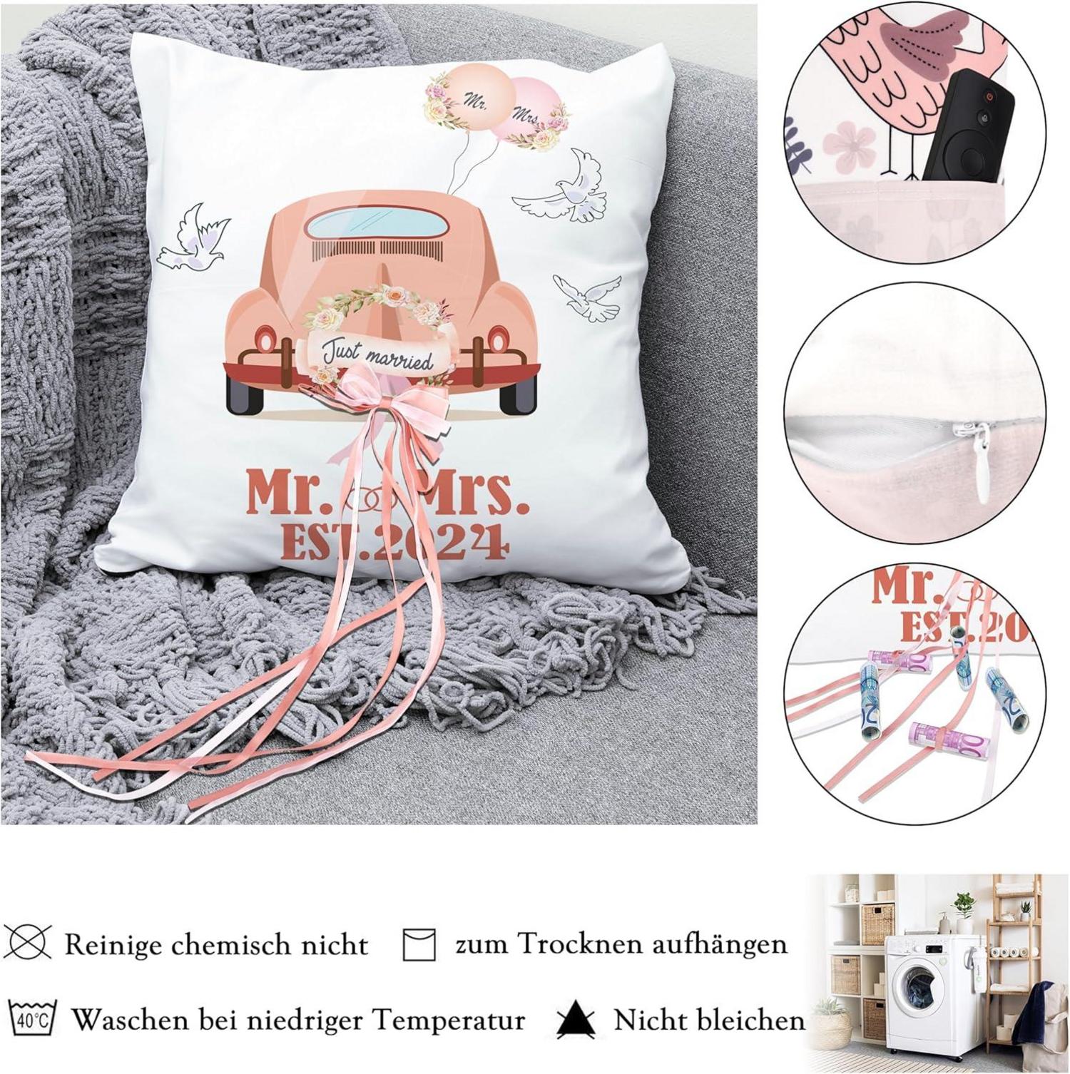 Hochzeitsgeschenk Kissenbezug 45x45 mit Taschen Geld Deko Wedding